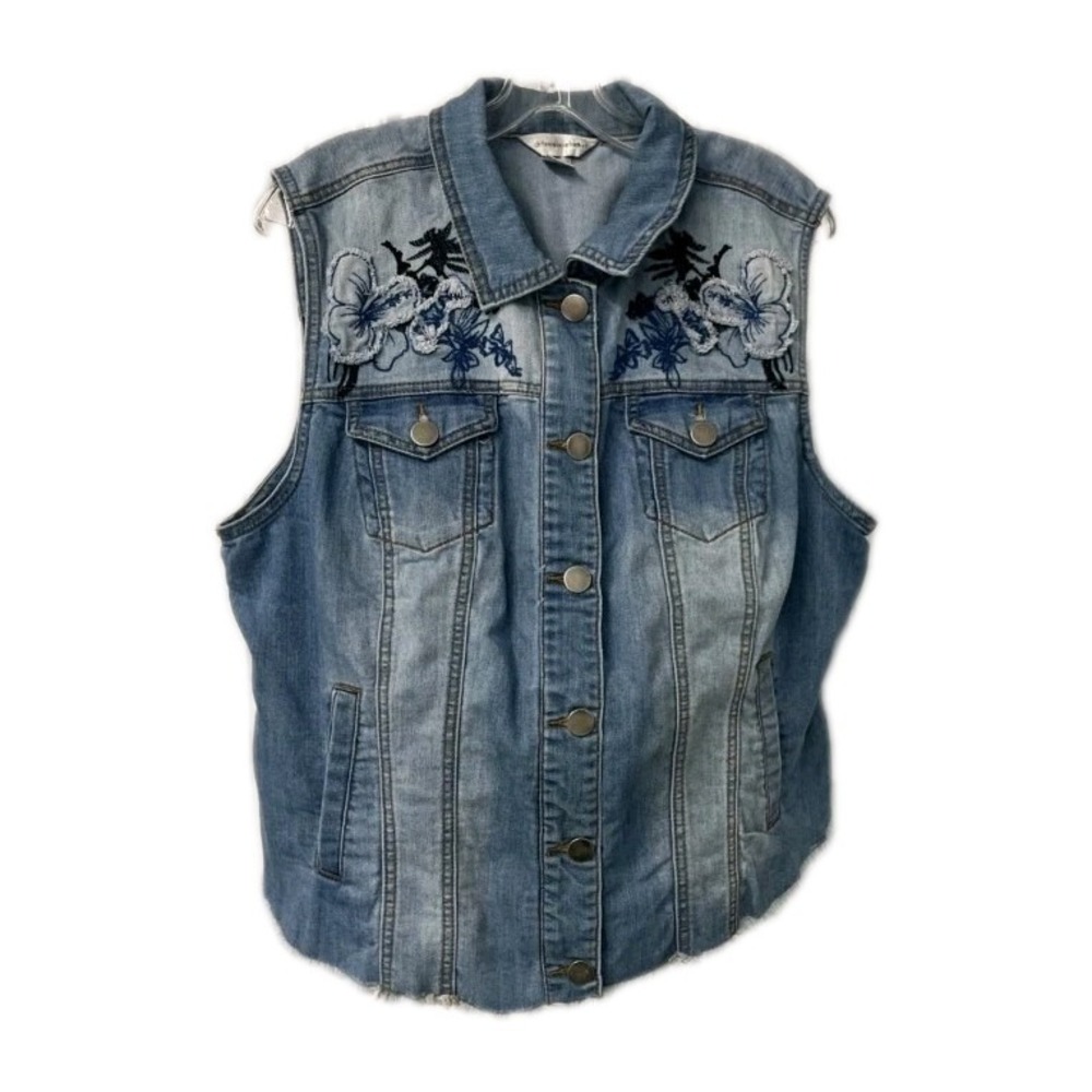 Christopher & Banks Small Denim Vest Appliqué Floral Collared Pockets Sleeveless